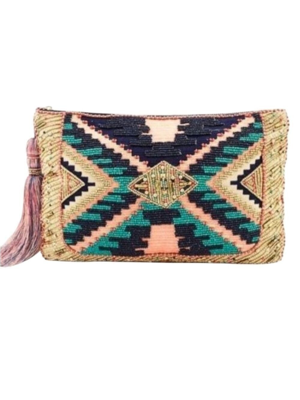 Chico’s Kayla Beaded Clutch Boho Tribal Aztec Tassel Zip Pouch Bag